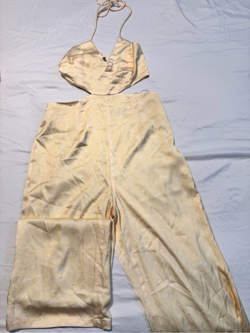 Kittenish Pale Yellow Satin Straight-Leg Jumpsuit